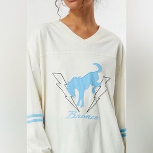 Pacsun Cream and Blue Ford Bronco Graphic Varsity Shirt, Size M